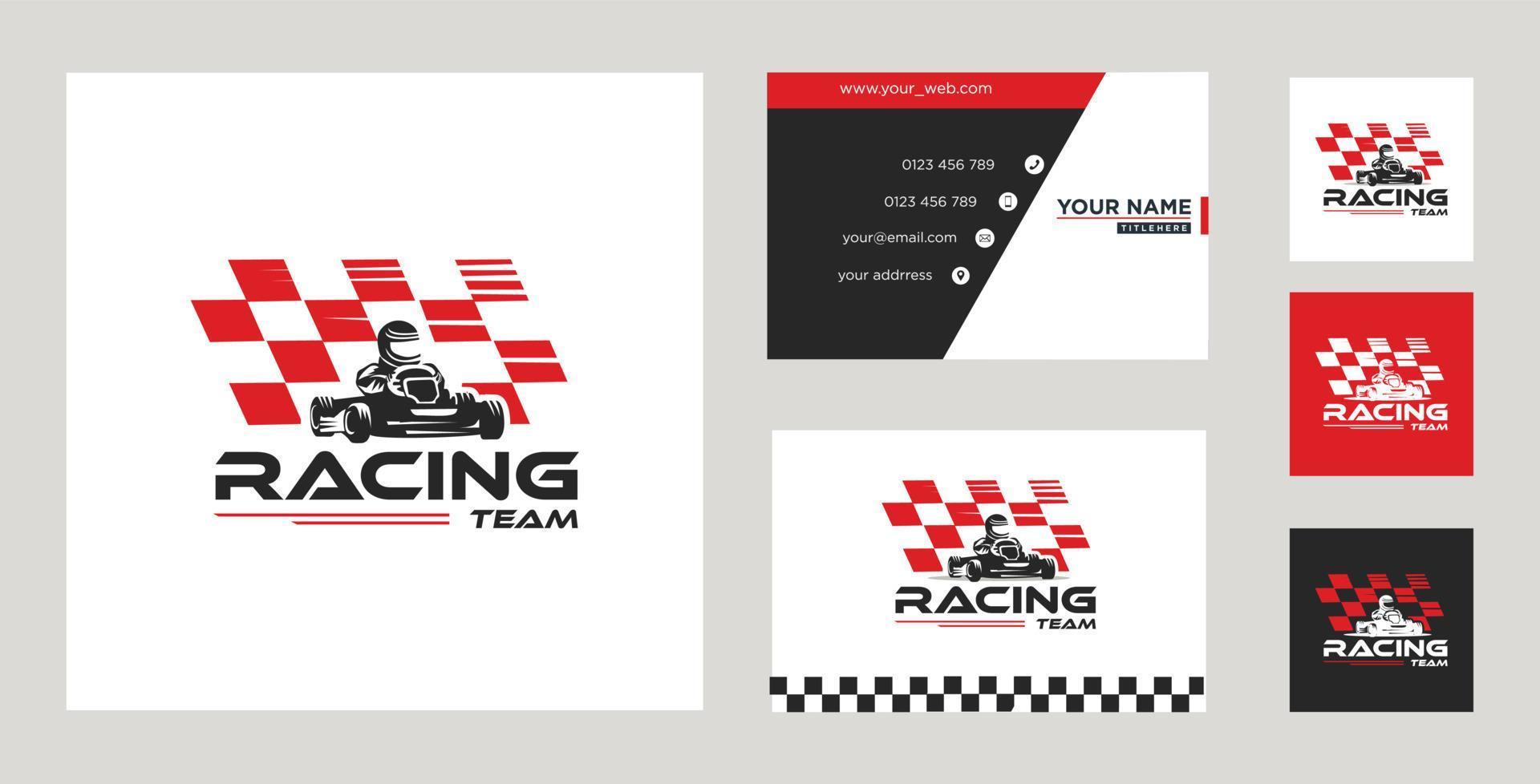 go kart logotyp design emblem med visitkort vektor