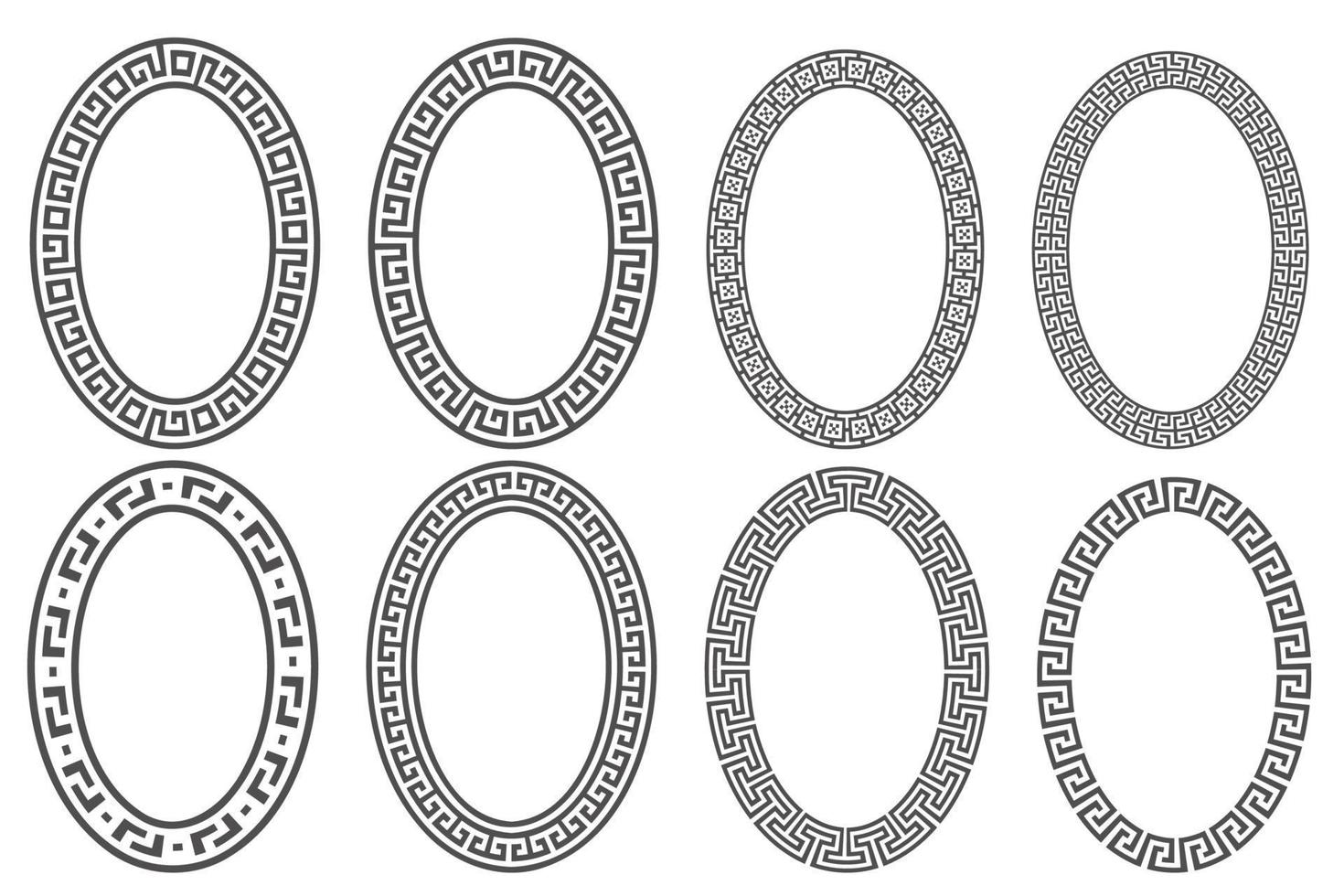 griechischer schlüssel ovaler rahmensatz. Kreisränder mit Mäanderornamenten. Ellipse alte Designs. Vektor