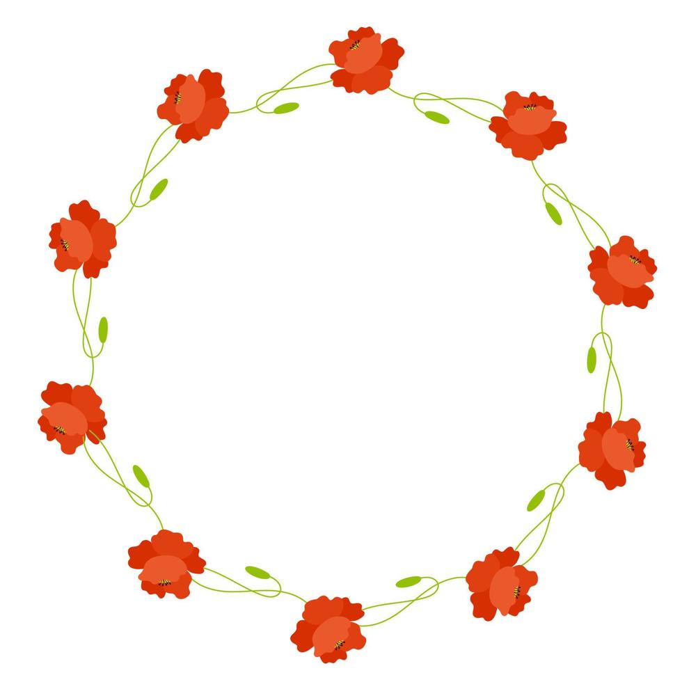 rund ram med blommande röda vallmoblommor med knopp. vykortsservett, dekoration. vektor illustration. blommönster för dekor, design, tryck och servetter.