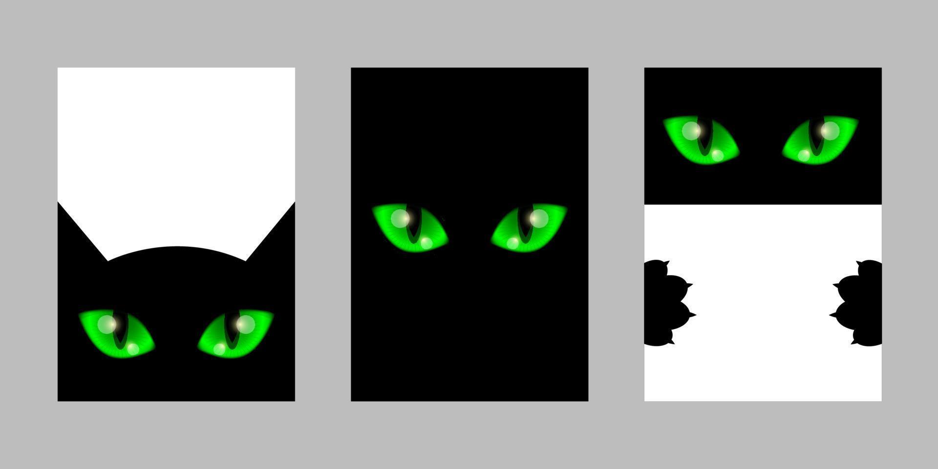 svart katt med stora gröna ögon, bakgrund mall set. gratulationskort med kopia space.halloween.vector stock illustration. vektor