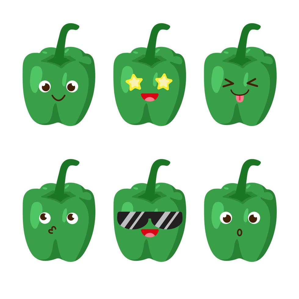 uppsättning paprika emojis. kawaii stilikoner, vegetabiliska tecken. vektor illustration i tecknad platt stil. uppsättning roliga leenden eller uttryckssymboler. bra kost och veganskt koncept. illustration för barn