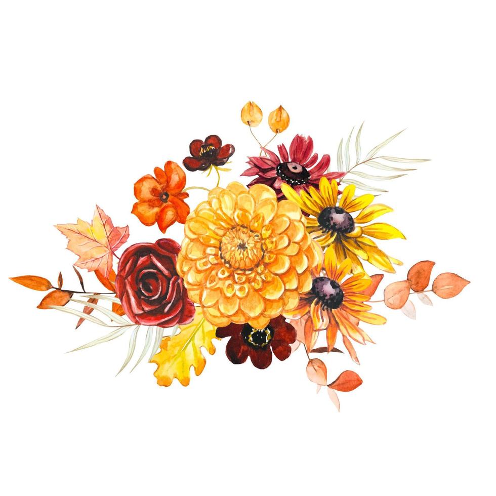 herbstblumenstrauß mit handgemalten, weinroten, gelben blumen vektor