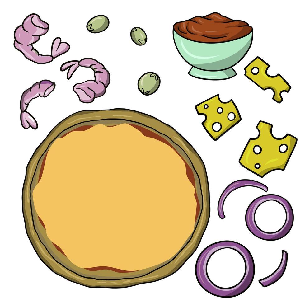 Pizza mit Garnelen, eine Reihe von Symbolen zum Erstellen von Pizza mit Garnelen und anderen Zutaten, Vektorgrafik im Cartoon-Stil auf weißem Hintergrund vektor