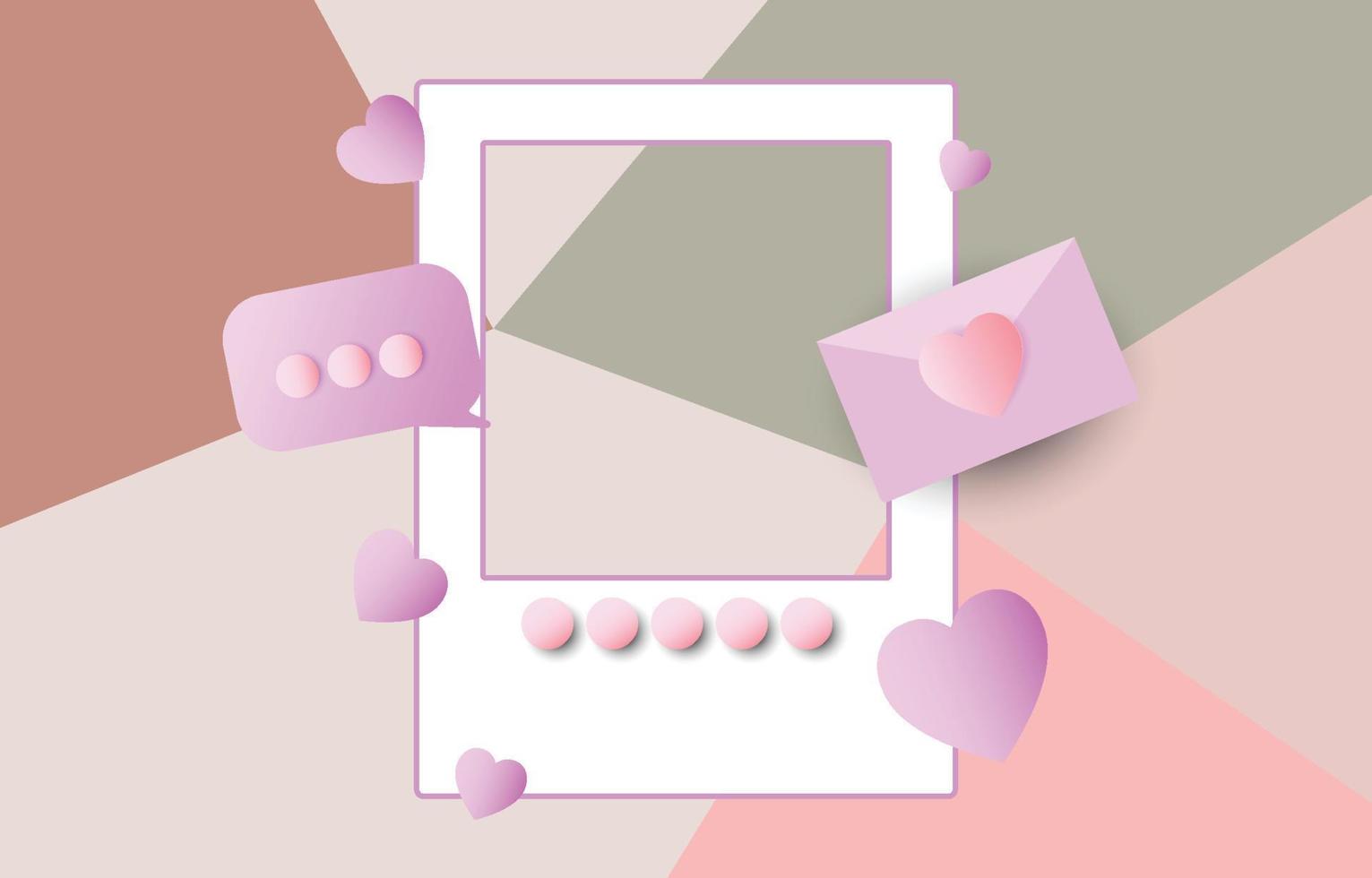Social-Media-Fotorahmen, mit 3D-Herz-Liebesknopf und Senden von Nachrichten für Paare, Konzept-Chat zum Valentinstag, Vektorillustration vektor