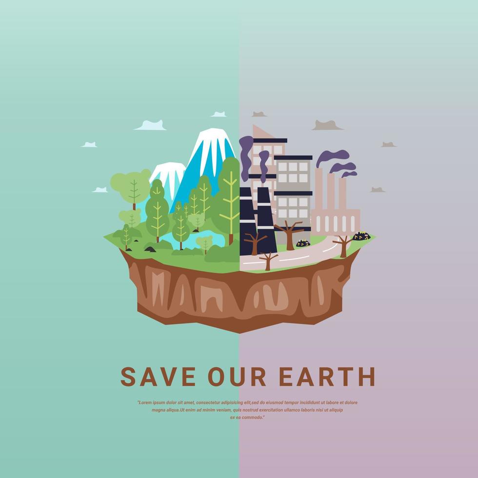 rädda vår jordförorening och ekosystemjämförelse naturelementdesign vektor