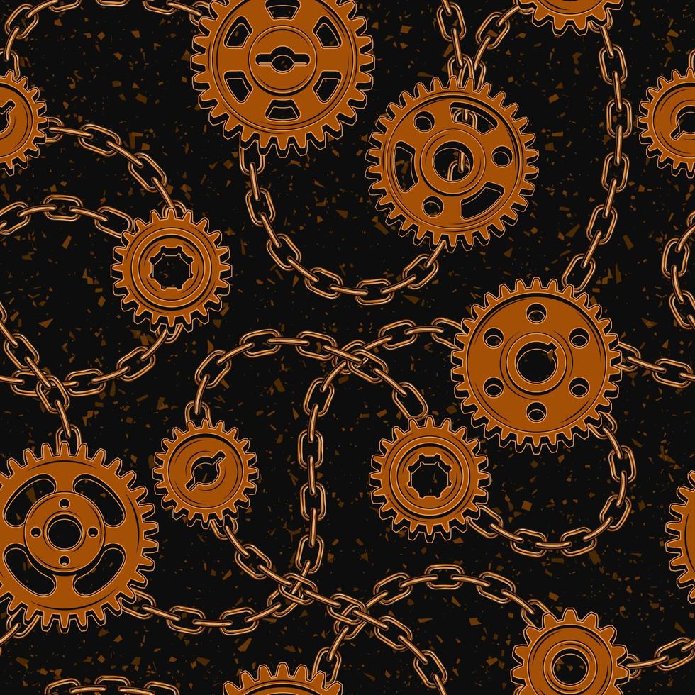 seamless mönster med rostiga kugghjul, kedjor på texturerad svart bakgrund. vektor illustration i steampunk stil.