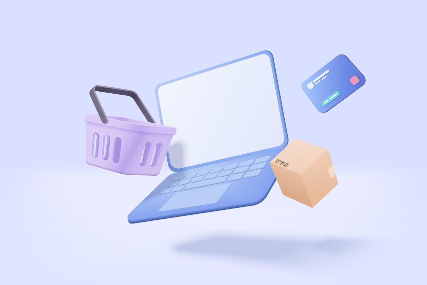 3D-Online-Shopping mit Laptop, Produktversandverpackung, Einkaufstasche oder Korb. kreditkartenschutz mit passwortschutz für online-zahlungskonzept. Notebook-Symbol 3D-Vektor-Render-Illustration vektor