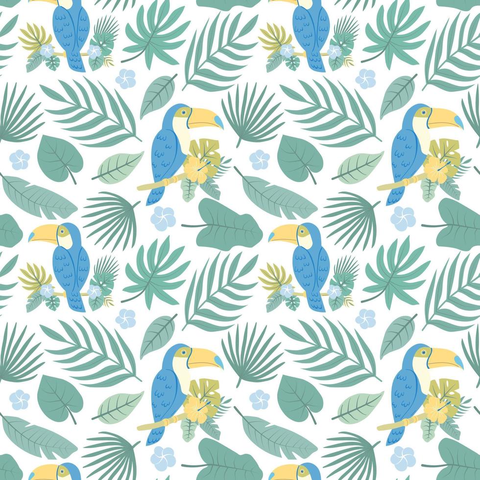 sommernahtloses muster tropischer blätter mit einem blauen tukan, einem palmzweig in einer grün-gelben palette auf einem weißen hintergrund. für produktdesign, textil, verpackung, hintergrund. vektor