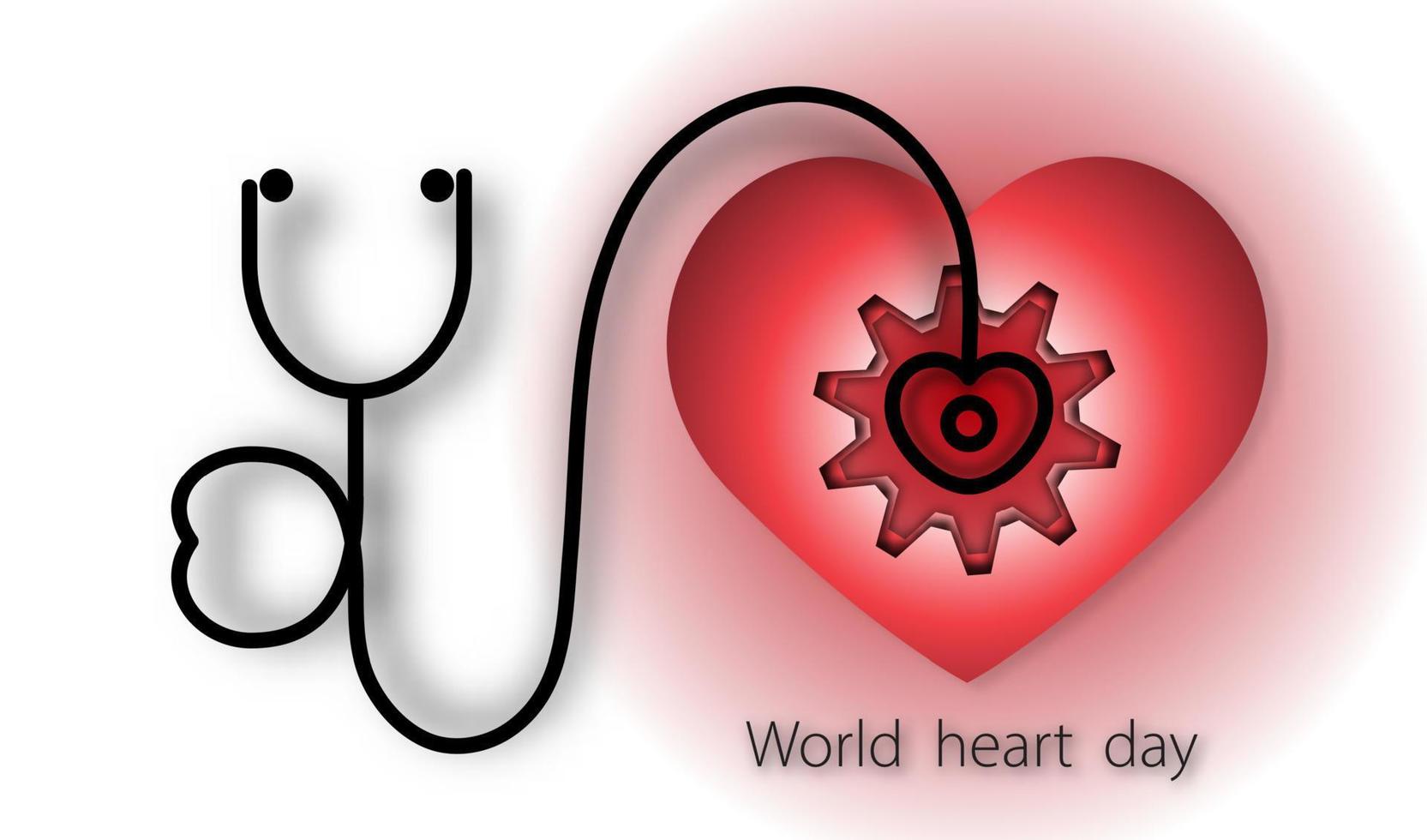 världshjärtadagen med hjärta och stetoskop och redskap på röd bakgrund av papperskonststil, vektor eller illustration med hälsokärlekskoncept