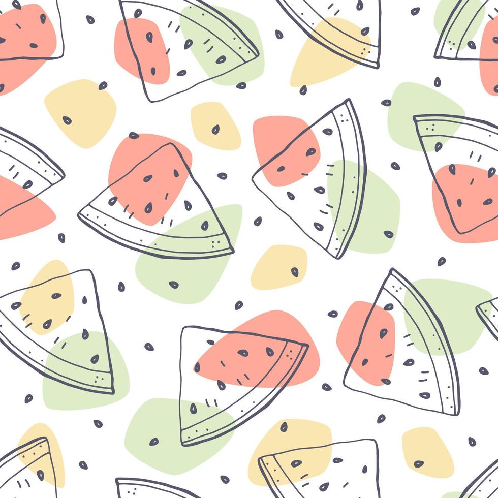 vattenmelon skivor hand ritning doodle stil skiss och färgade fläckar på vit bakgrund sömlösa mönster. design för textilier, tyger, tapeter och papper. lager vektorillustration. vektor