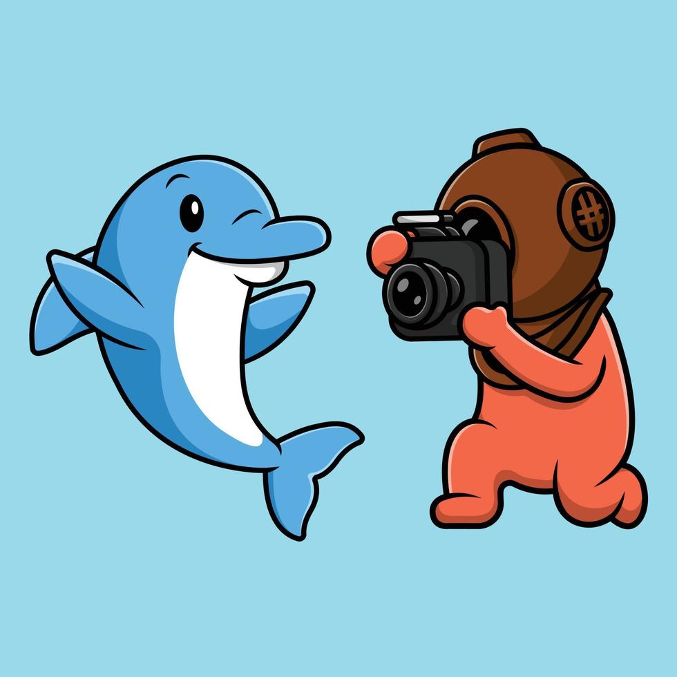 niedliche taucher fangen delphin cartoon vektor symbol illustration. flaches karikaturkonzept der wissenschaftsnatur