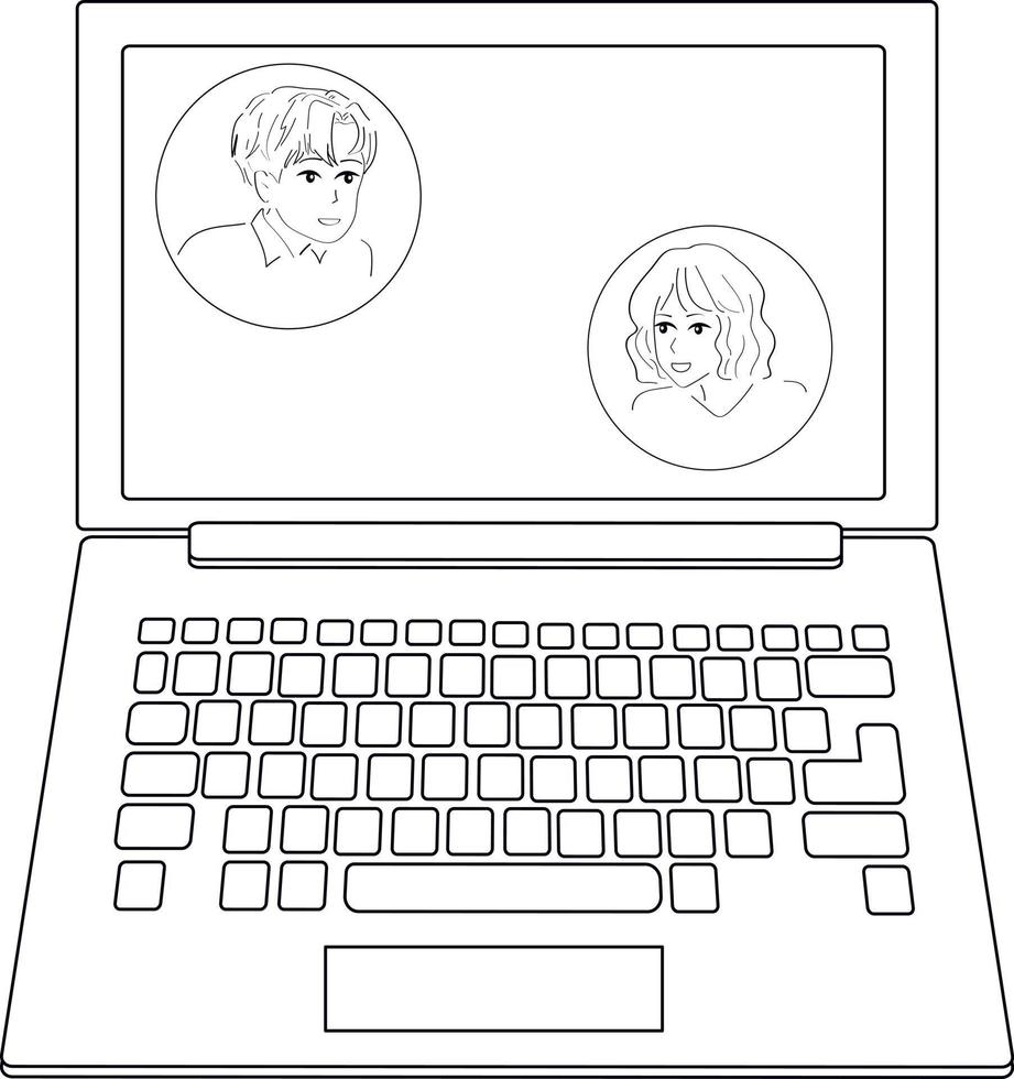 Online-Kommunikation, Arbeit. ein Typ und ein Mädchen. Laptop. Schwarz-Weiß-Darstellung. vektor
