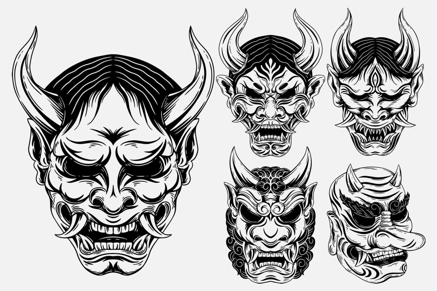 set bündel dunkle kunst japanischer teufel oni mask tattoo handgezeichneter gravurstil vektor