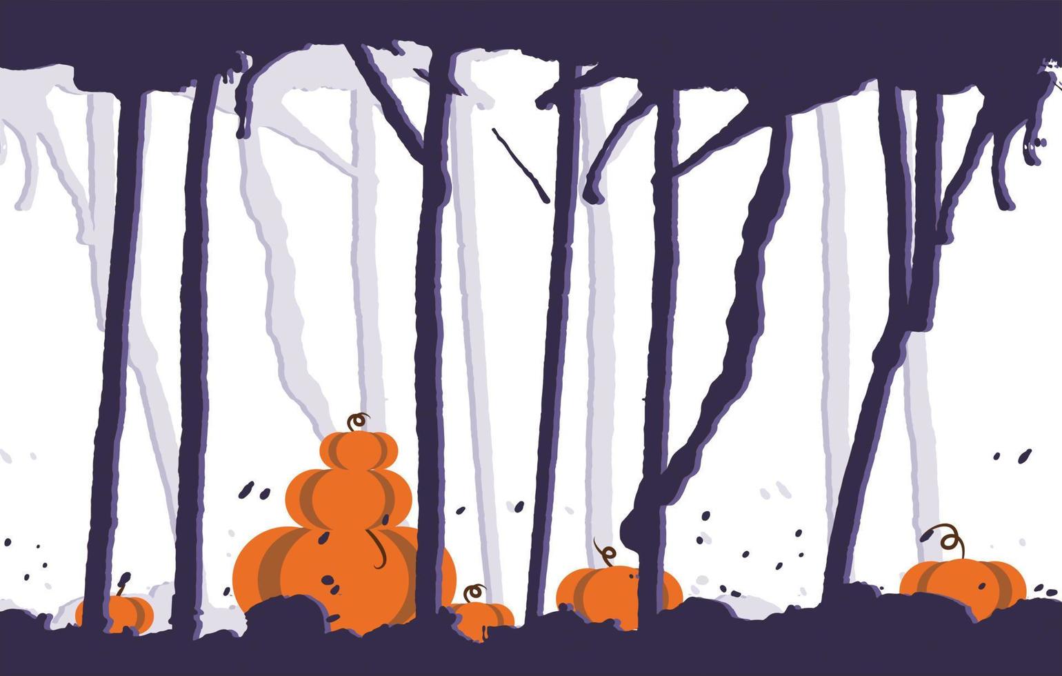 glad halloween banner. bakgrund med pumpa och katt och magisk skog. vektor illustration.