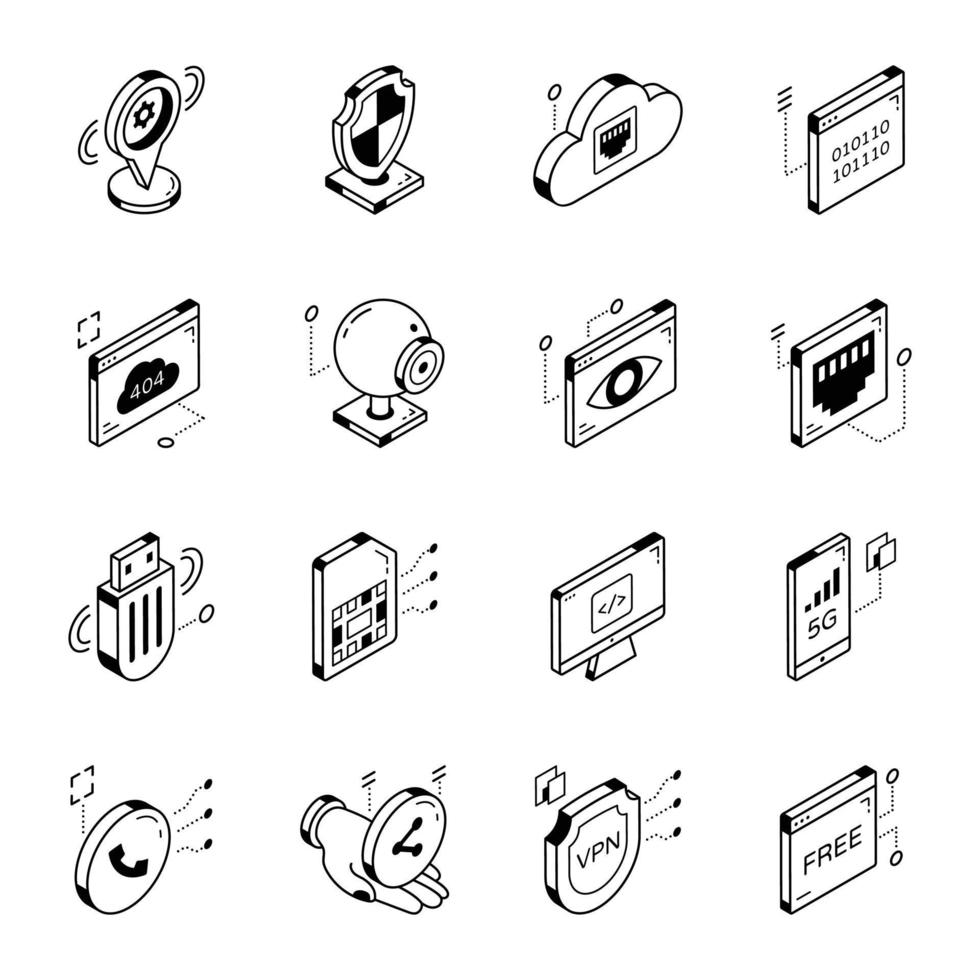 trendiga isometriska ikoner för cyberlagring vektor