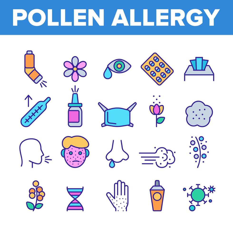Pollenallergie Symptome Vektor lineare Symbole gesetzt