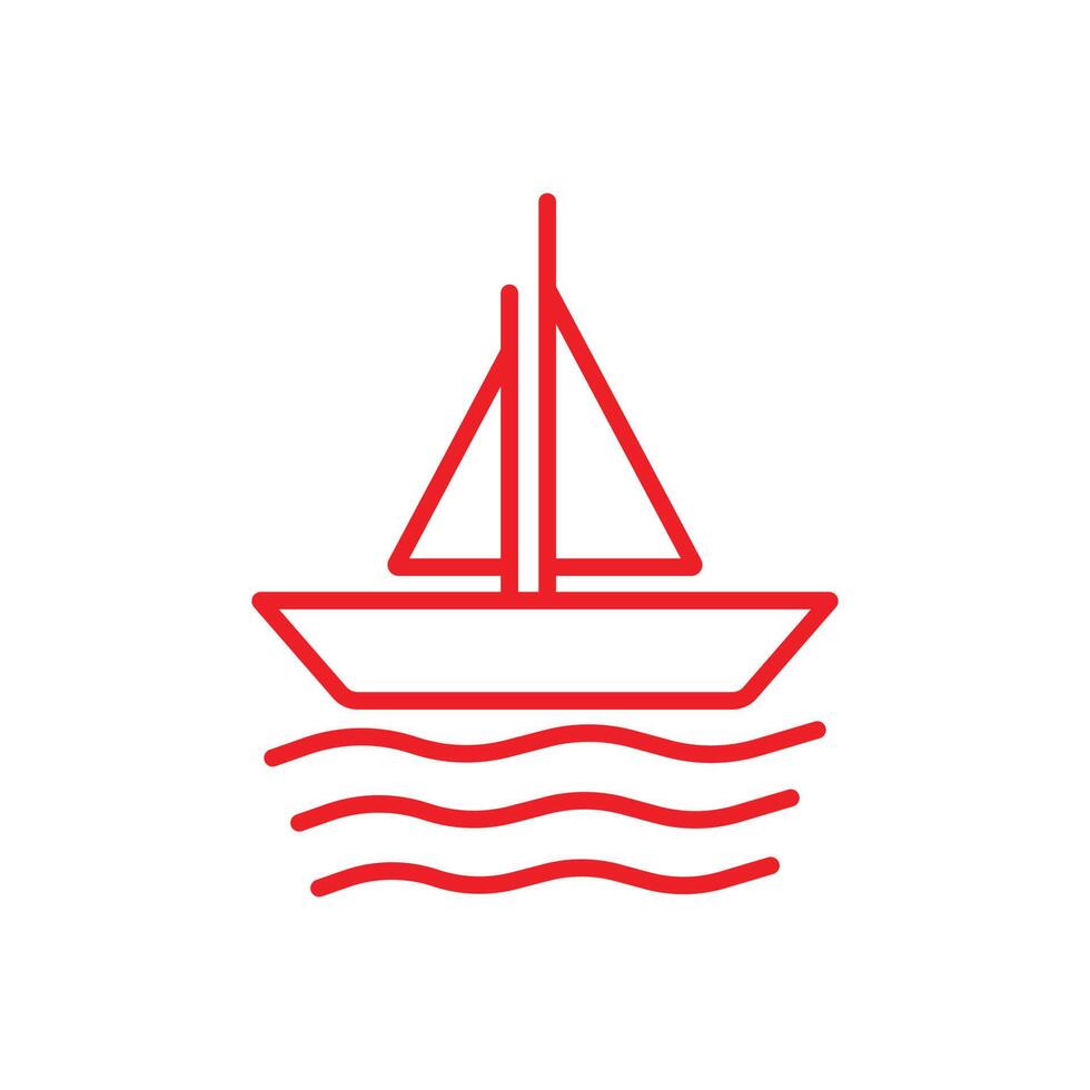 eps10 rotes Vektorsegelboot-Liniensymbol isoliert auf weißem Hintergrund. Boot mit Meereswellen-Symbol in einem einfachen, flachen, trendigen, modernen Stil für Ihr Website-Design, Logo, Piktogramm und mobile Anwendung vektor