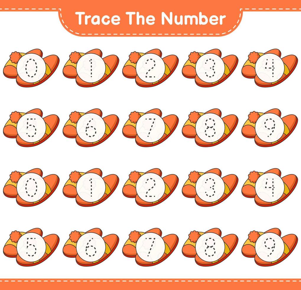 spåra numret. spårningsnummer med tofflor. pedagogiskt barnspel, utskrivbart kalkylblad, vektorillustration vektor