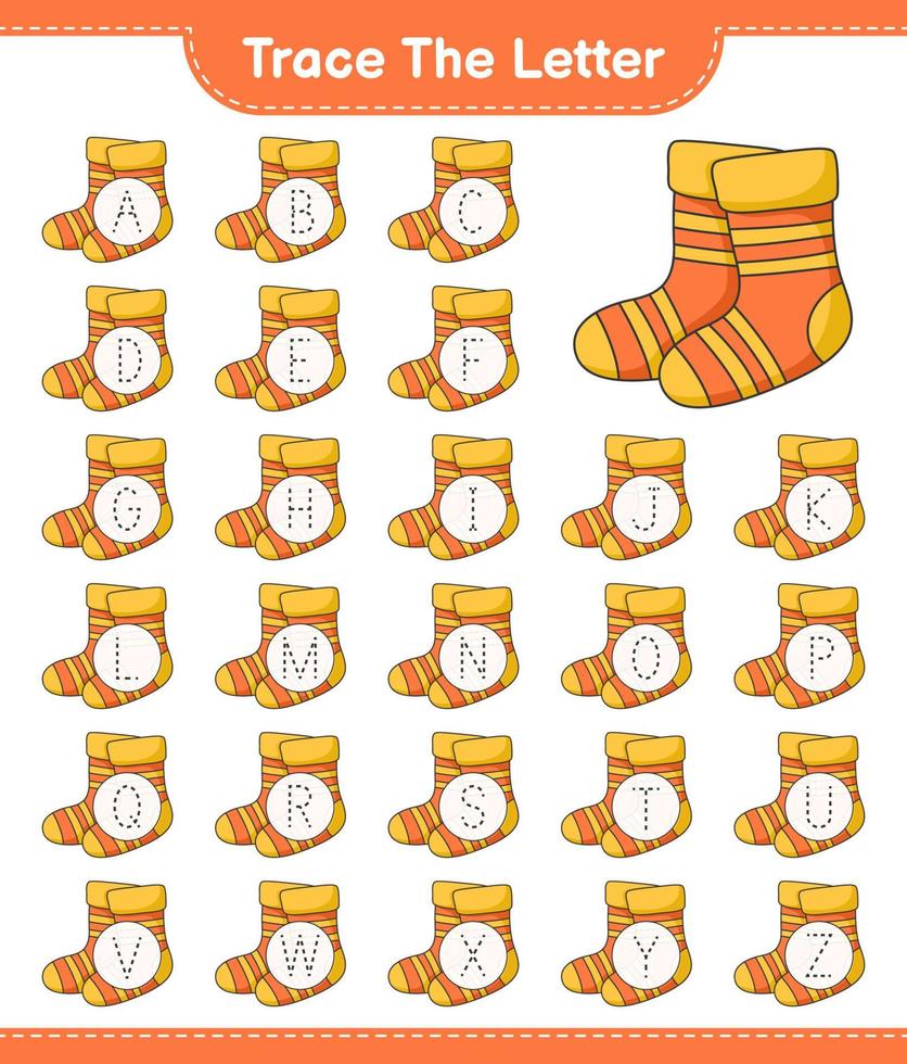 Verfolge den Brief. buchstabenalphabet mit socken verfolgen. pädagogisches kinderspiel, druckbares arbeitsblatt, vektorillustration vektor