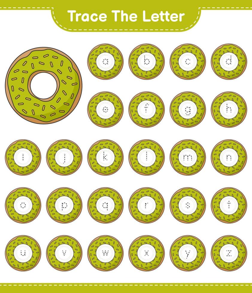 Verfolge den Brief. buchstabenalphabet mit donut verfolgen. pädagogisches kinderspiel, druckbares arbeitsblatt, vektorillustration vektor