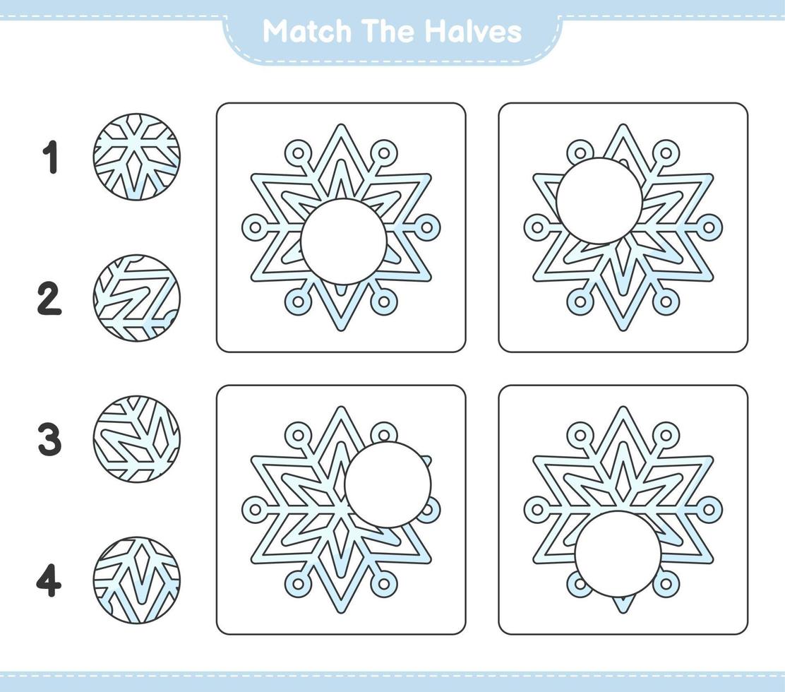 verbinde die Hälften. passende Hälften der Schneeflocke. pädagogisches kinderspiel, druckbares arbeitsblatt, vektorillustration vektor