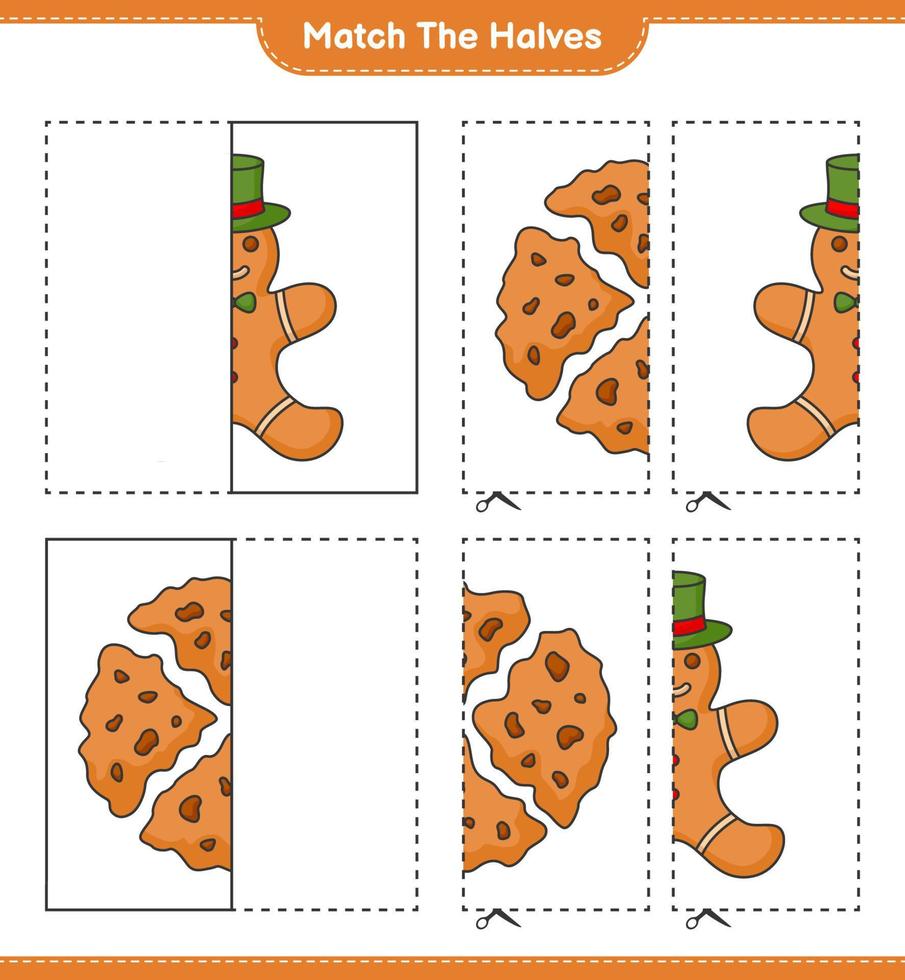 verbinde die Hälften. passende Hälften von Lebkuchenmann und Keksen. pädagogisches kinderspiel, druckbares arbeitsblatt, vektorillustration vektor