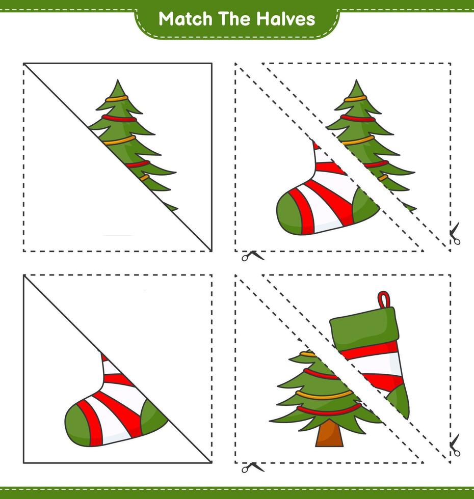 verbinde die Hälften. passen die hälften der weihnachtssocke und des weihnachtsbaums zusammen. pädagogisches kinderspiel, druckbares arbeitsblatt, vektorillustration vektor