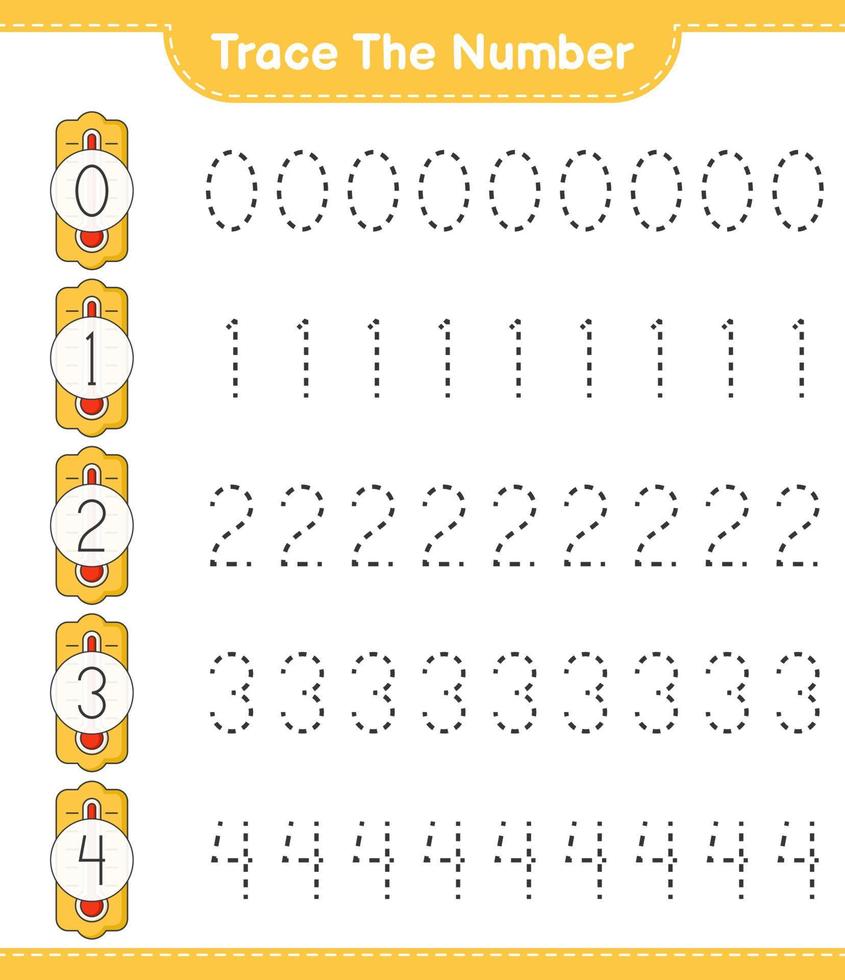 spåra numret. spårningsnummer med termometer. pedagogiskt barnspel, utskrivbart kalkylblad, vektorillustration vektor