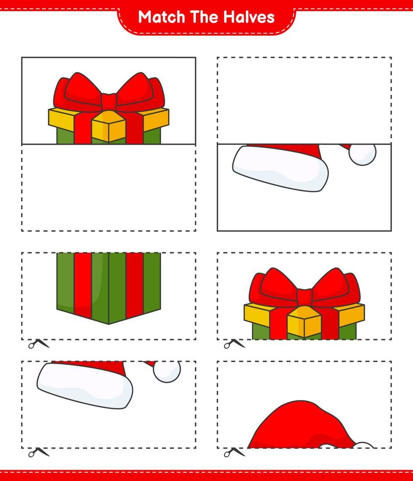 verbinde die Hälften. passende Hälften von Weihnachtsmütze und Geschenkbox. pädagogisches kinderspiel, druckbares arbeitsblatt, vektorillustration vektor