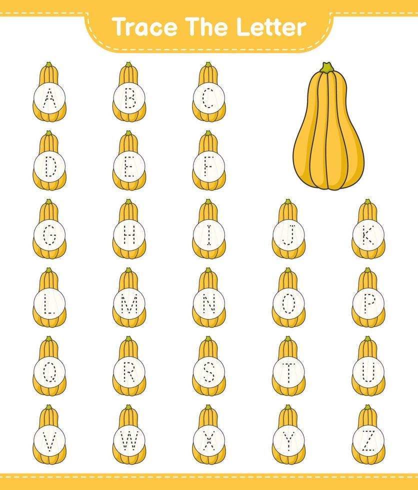 spåra brevet. spåra bokstav alfabetet med butternut squash. pedagogiskt barnspel, utskrivbart kalkylblad, vektorillustration vektor