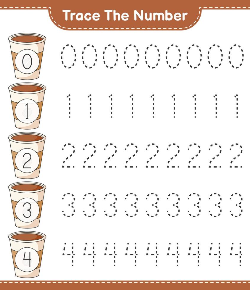 spåra numret. spårningsnummer med kaffekopp. pedagogiskt barnspel, utskrivbart kalkylblad, vektorillustration vektor