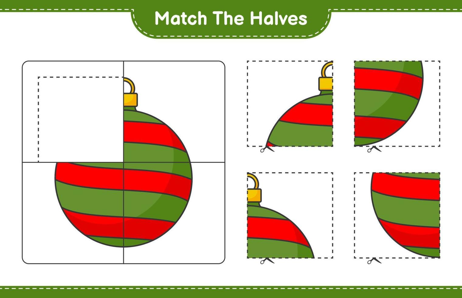 verbinde die Hälften. Spielhälften der Weihnachtskugel. pädagogisches kinderspiel, druckbares arbeitsblatt, vektorillustration vektor