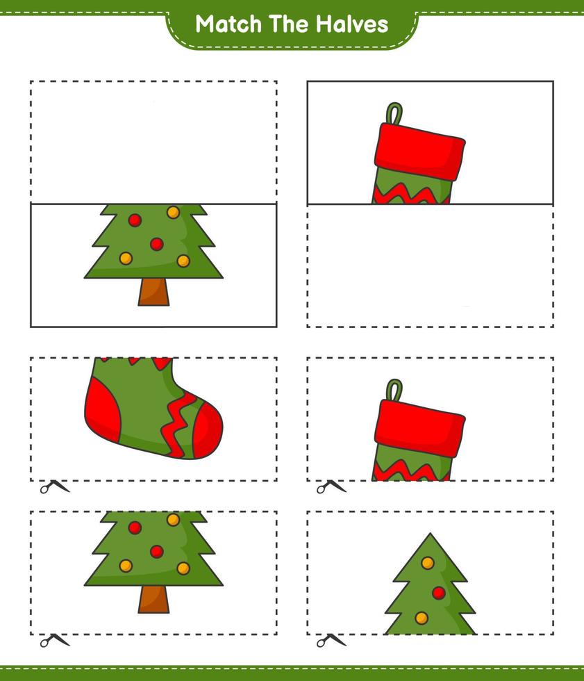 verbinde die Hälften. passen die hälften der weihnachtssocke und des weihnachtsbaums zusammen. pädagogisches kinderspiel, druckbares arbeitsblatt, vektorillustration vektor