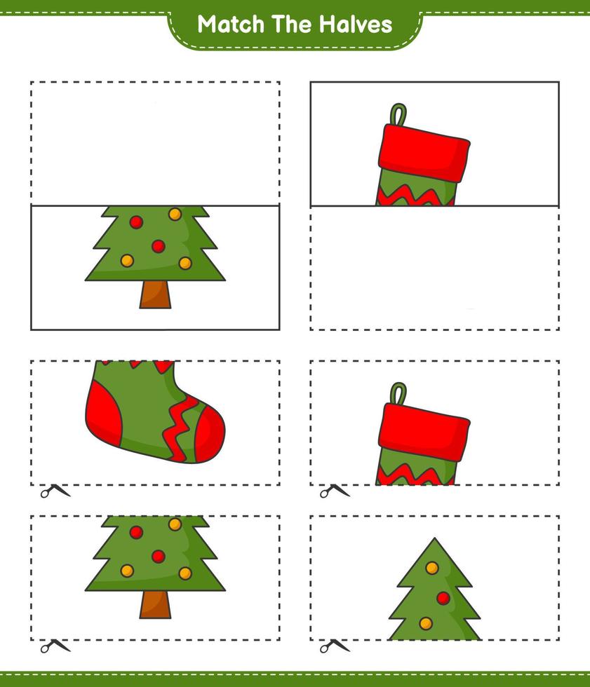 matcha halvorna. matcha halvor av julstrumpa och julgran. pedagogiskt barnspel, utskrivbart kalkylblad, vektorillustration vektor