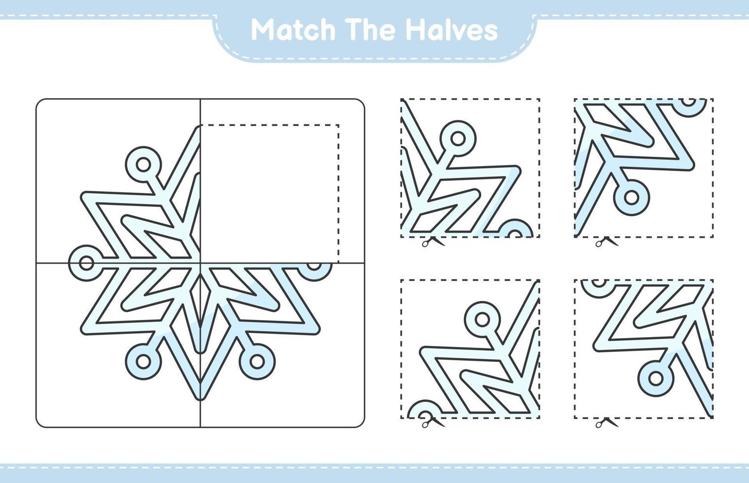 verbinde die Hälften. passende Hälften der Schneeflocke. pädagogisches kinderspiel, druckbares arbeitsblatt, vektorillustration vektor