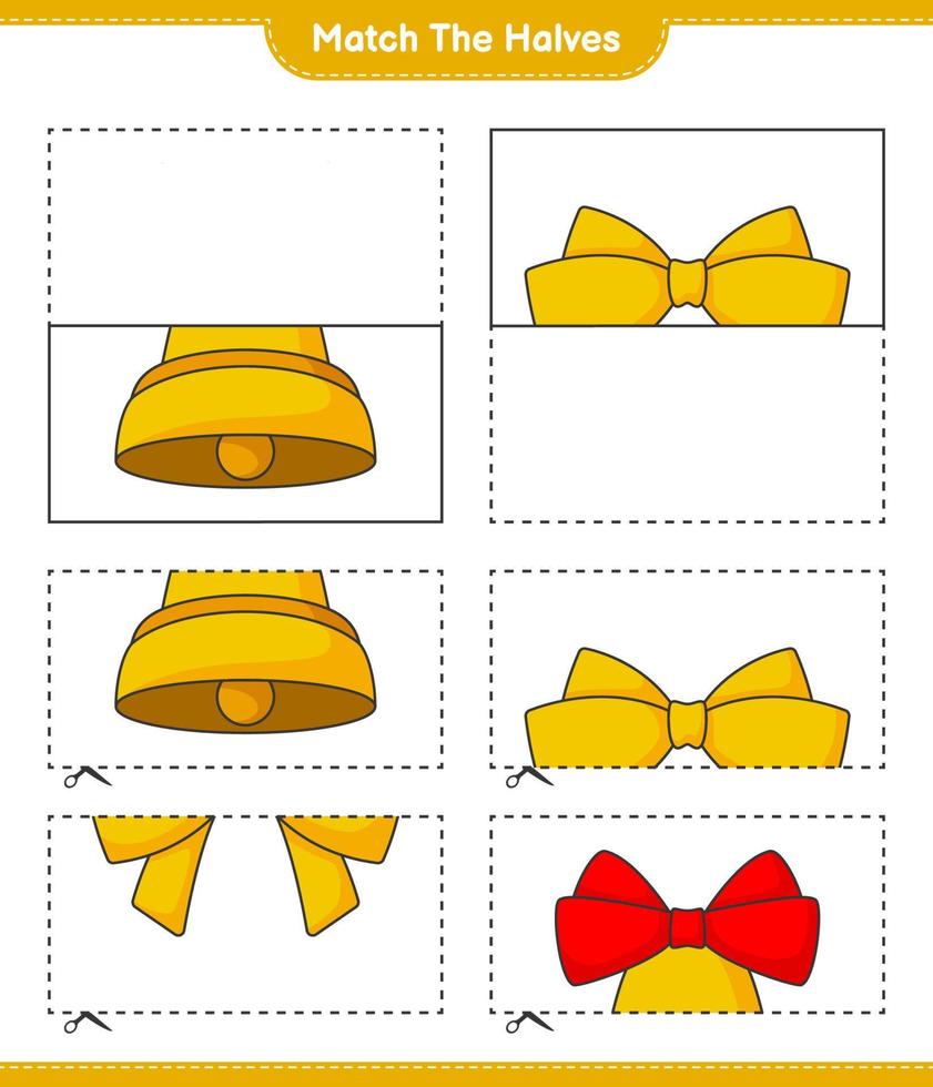 verbinde die Hälften. Passen Sie die Hälften des Bandes und der Weihnachtsglocke zusammen. pädagogisches kinderspiel, druckbares arbeitsblatt, vektorillustration vektor