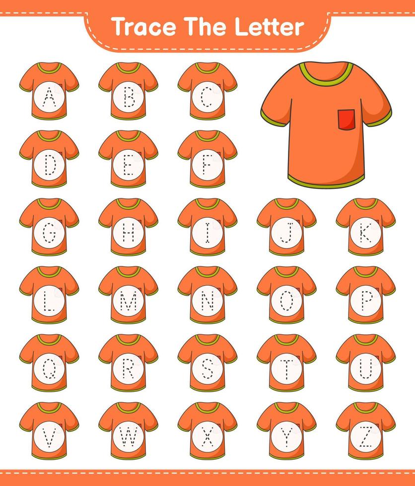 Verfolge den Brief. verfolgung von buchstabenalphabet mit t-shirt. pädagogisches kinderspiel, druckbares arbeitsblatt, vektorillustration vektor