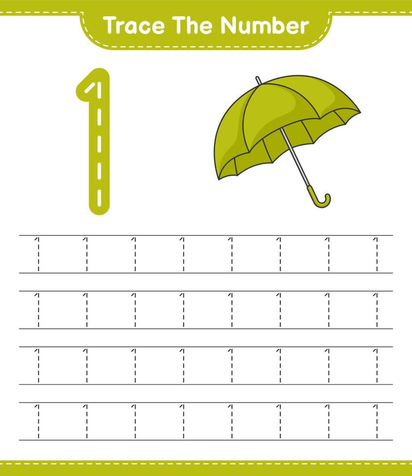 Verfolgen Sie die Nummer. Verfolgungsnummer mit Regenschirm. pädagogisches kinderspiel, druckbares arbeitsblatt, vektorillustration vektor