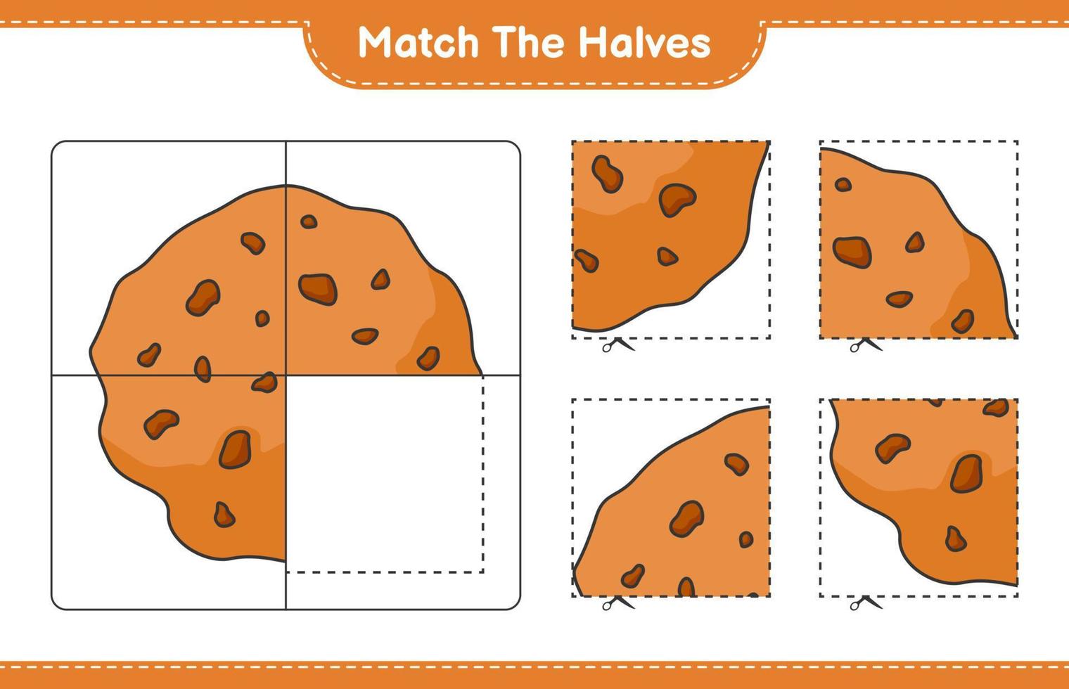 verbinde die Hälften. passende Kekshälften. pädagogisches kinderspiel, druckbares arbeitsblatt, vektorillustration vektor