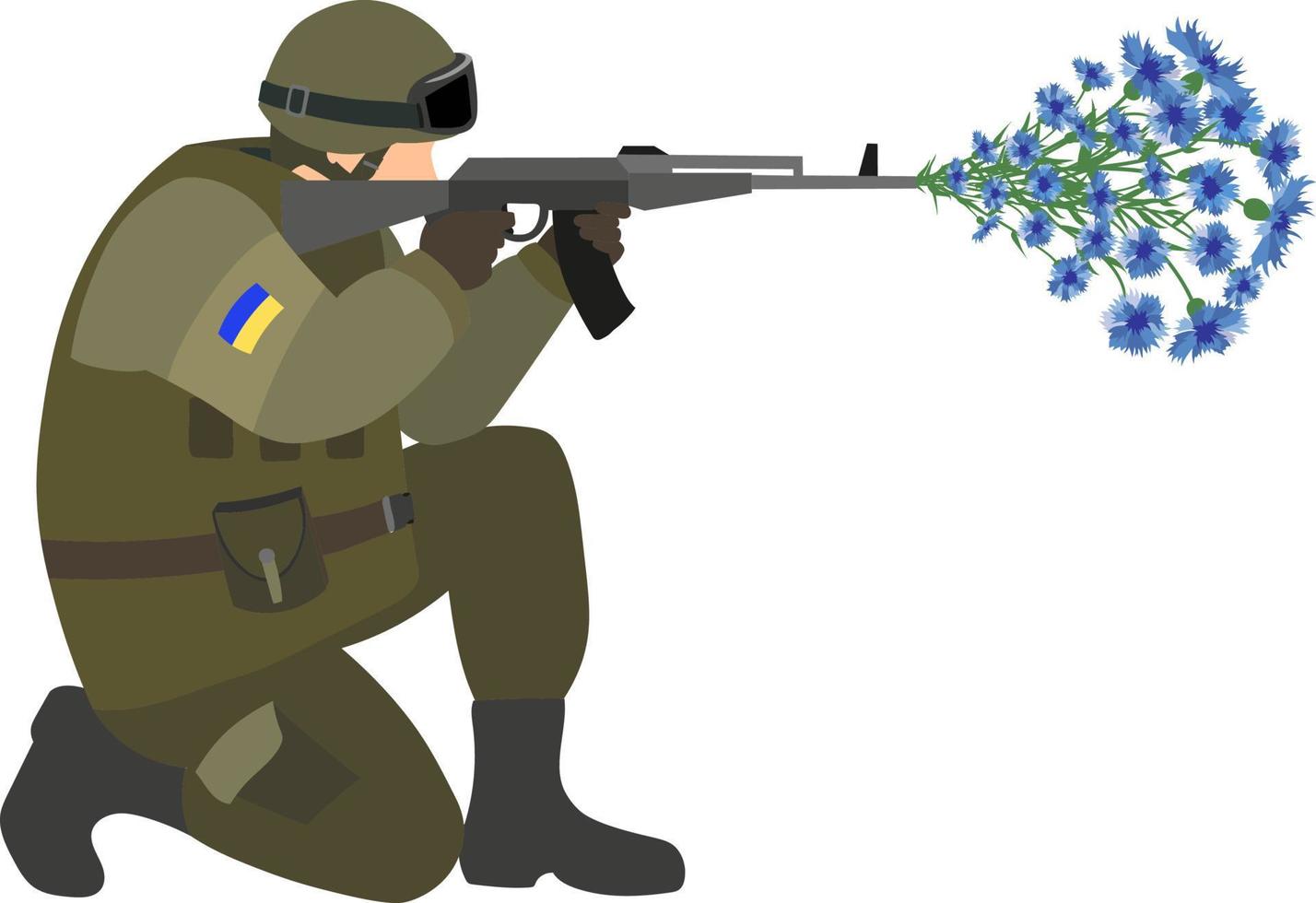 Ein ukrainischer Soldat schießt auf einem Knie stehend Kornblumen aus einem Maschinengewehr. Vektor-Illustration isoliert auf weißem Hintergrund. schießt Blumen aus einer Waffe. vektor