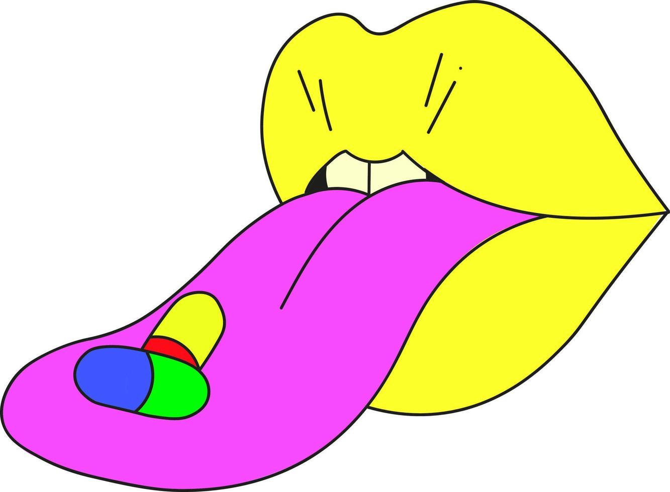 psykedeliska gula läppar med en utstående tunga. piller på tungan. vektor