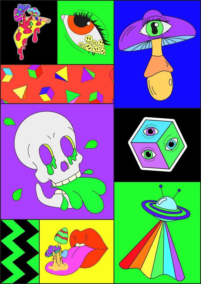 ein psychedelisches Poster mit einer Pizza, aus der Pilze wachsen, einem Auge mit einem Emoji darin, einem verrückten Pilz mit einem Auge in einem Hut, einem Schädel, der Säure spuckt, einem Ufo. verrücktes Konzept. Surrealismus vektor