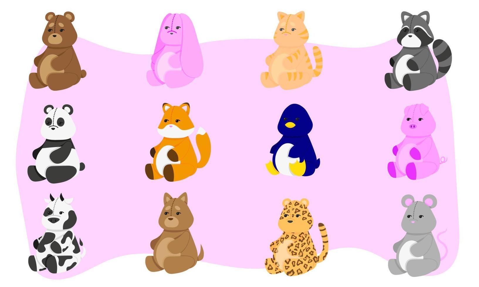 ein Set aus 12 weichen, süßen Tierspielzeugen. Plüschkaninchen, Bär, Katze, Waschbär, Panda, Fuchs, Pinguin, Schwein, Kuh, Hund, Leopard und Maus. flache vektorillustration. vektor