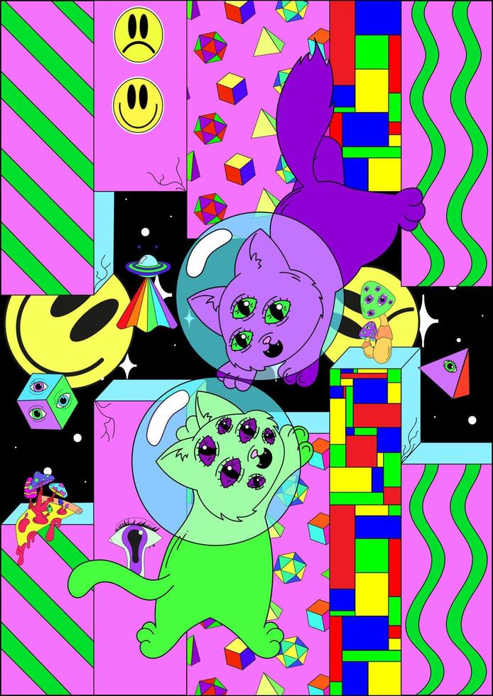 Weltraumplakat. verrückte vektorillustration. Smiley, Magic Mushrooms, Kosmos, Techno, Acid, Trippy Style. psychedelisches Plakat. Surrealismus vektor