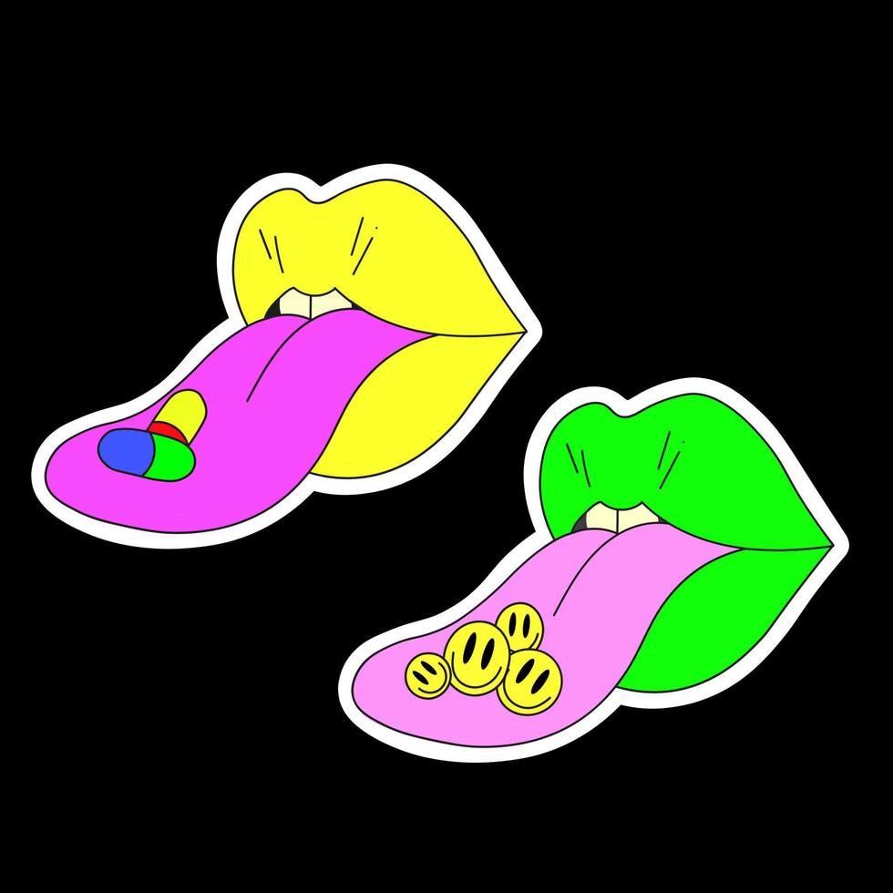 en uppsättning av fyra psykedeliska läppar. läppar med tungan som sticker ut, uttryckssymboler och piller på tungan. surrealism. vektor