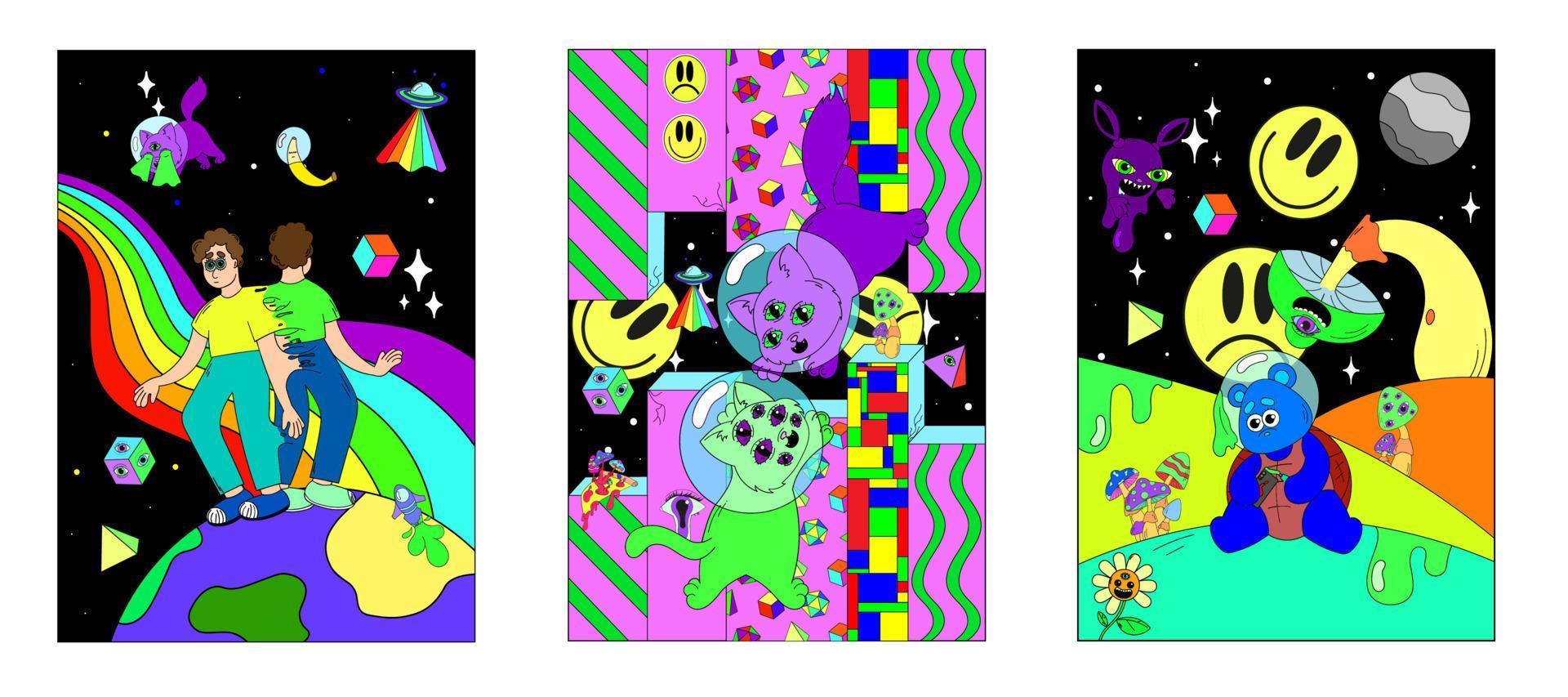 eine Reihe psychedelischer Poster mit Weltraum, verrückten Pilzen, Geometrie, Schädeln, Weltraumtieren. Surrealismus vektor