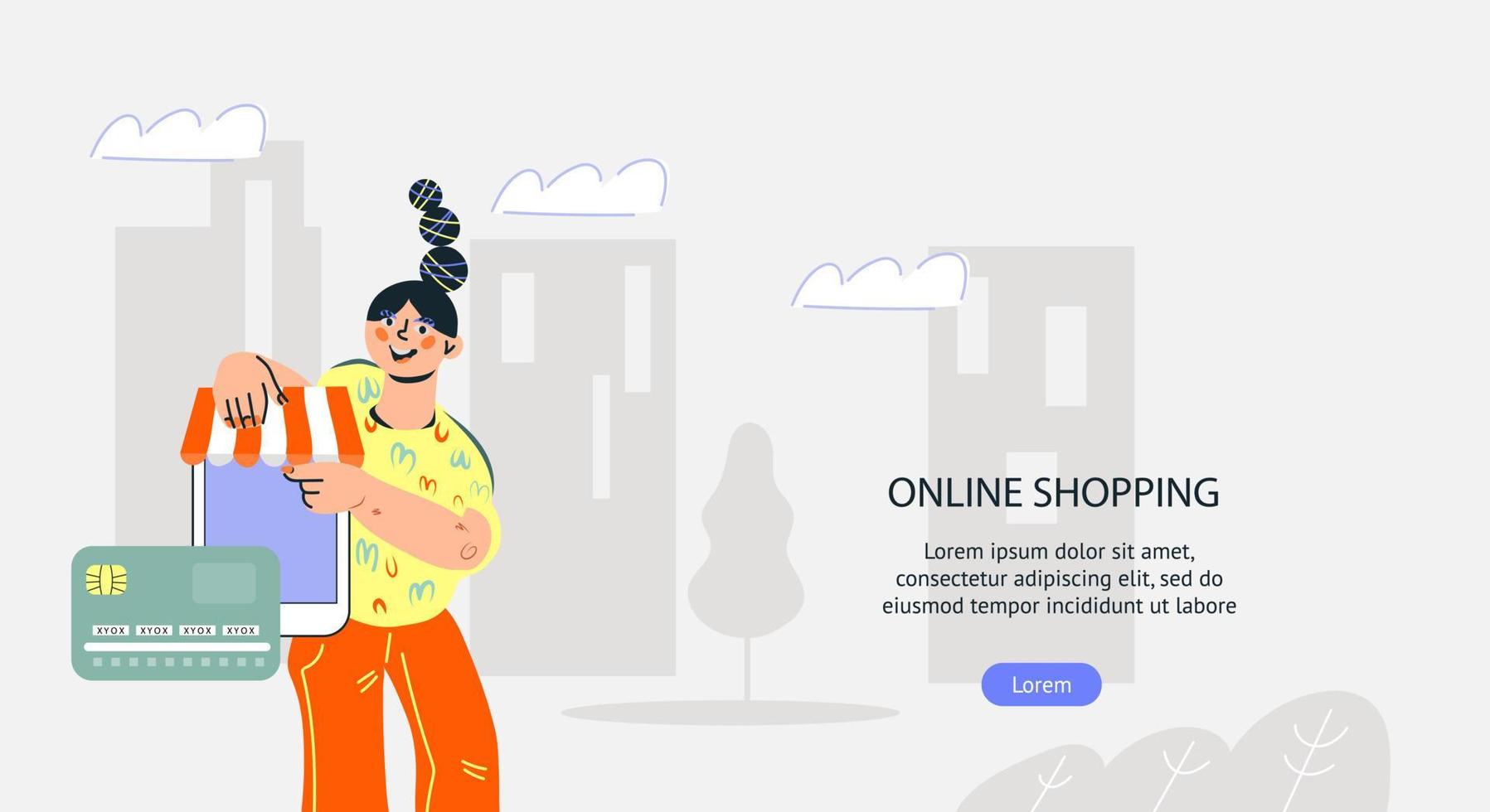 Web-Banner-Vorlage für Verkaufs- und Online-Shopping-Werbung mit Cartoon-Mädchen-Charakter im trendigen flachen Stil. geschäftsförderung von internetshop-rabatten oder sonderangeboten. flache vektorillustration. vektor