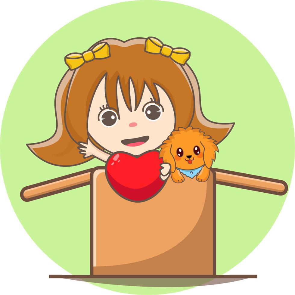 en söt tjej med sin hund är i lådan håller kärleksikonen, illustration för kort vektor