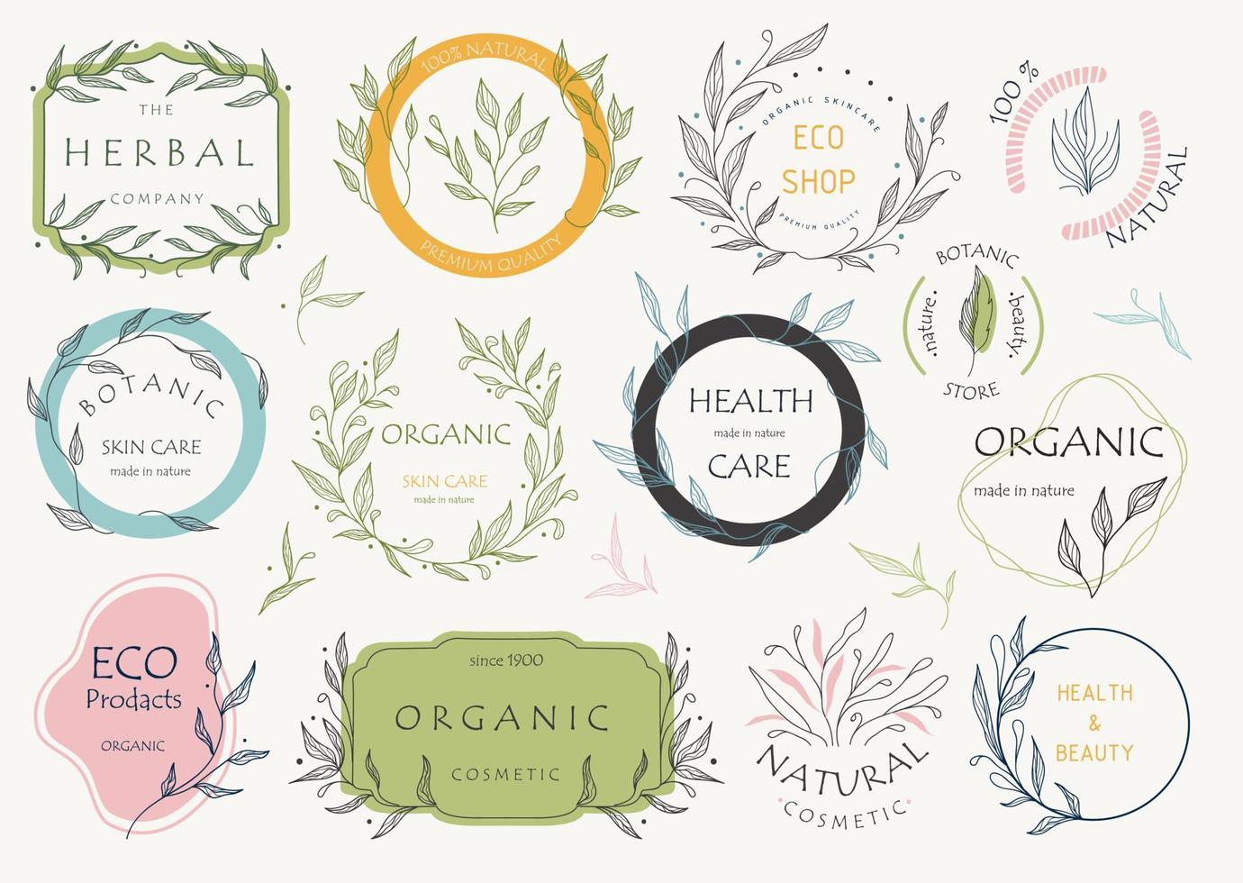 uppsättning blommiga botaniska logotyper. ramar med ekologiskt tema. vektor
