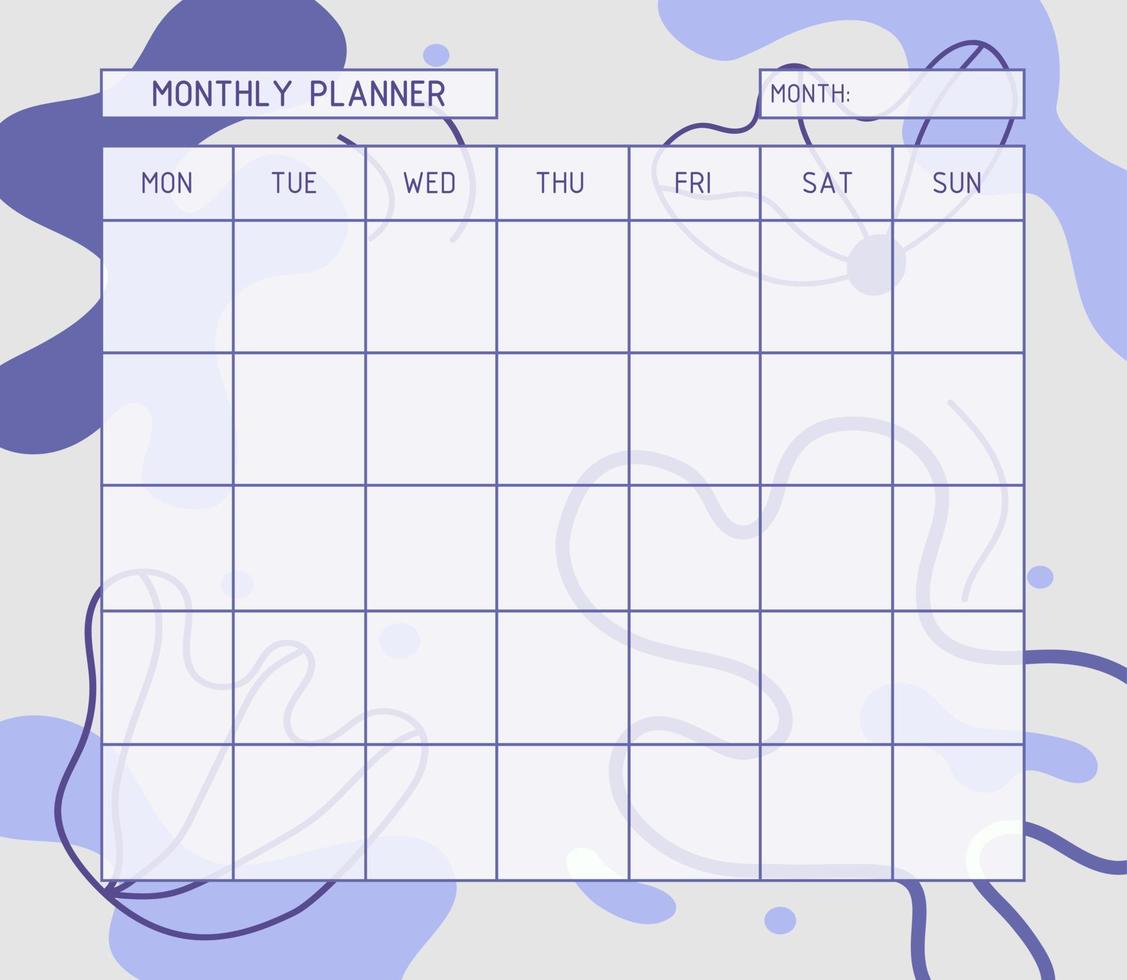 Monatsplaner Vorlage. Kalender. ein planer für die monatsorganisation der zeit mit abstraktem hintergrund. vektor